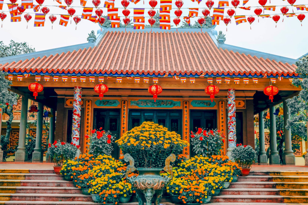 On Tet holiday, the pagoda is decorated very brightly 